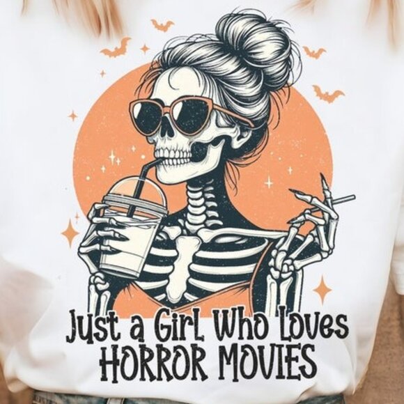 Girl Loves Horror Movies, Halloween Sublimation Shirt, Skeleton Girl Tee - Picture 2 of 4